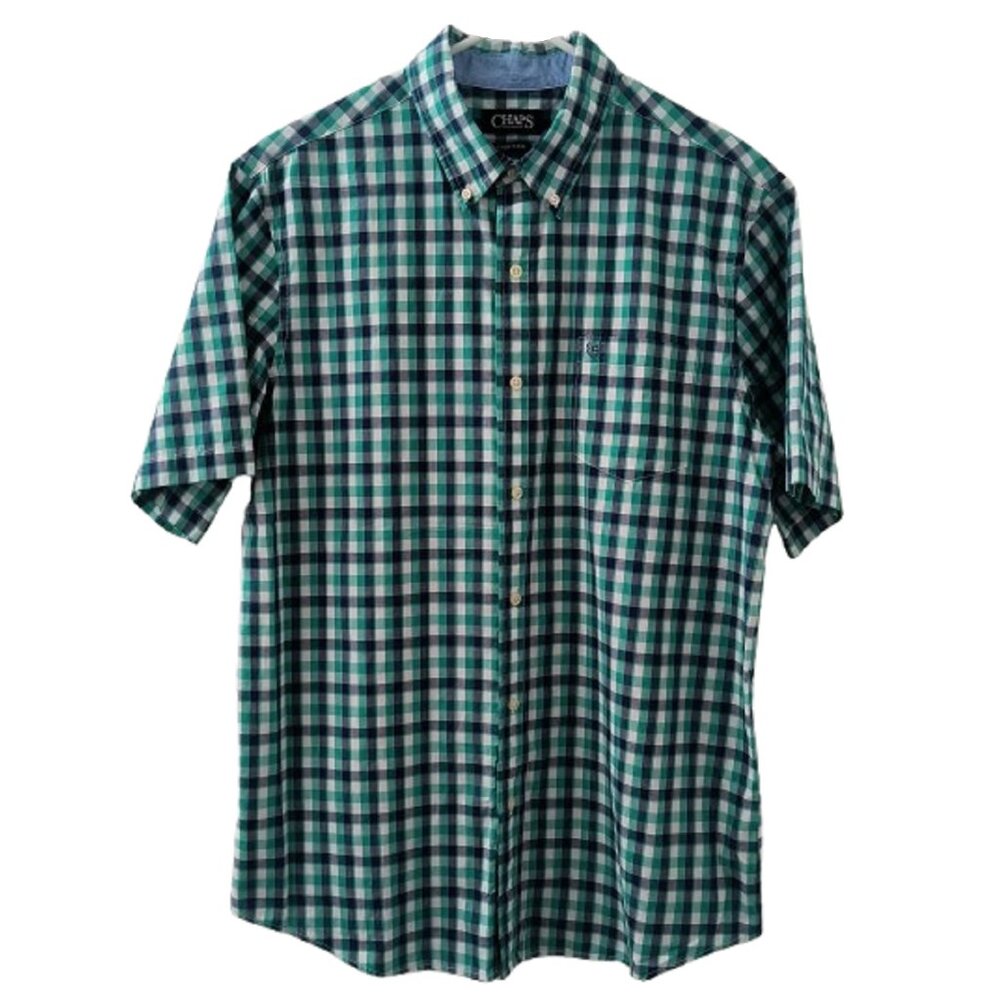NWOT Chaps Men's Blue/Green Gingham Plaid Short-Sleeve Shirt - Men's Large